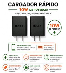 Cargador Rápido 1Hora 10W – Puerto USB-A | Carga Segura y Eficiente (Color Negro)