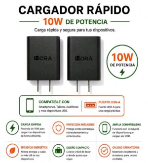 Cargador Rápido 1Hora 10W – Puerto USB-A | Carga Segura y Eficiente (Color Negro)