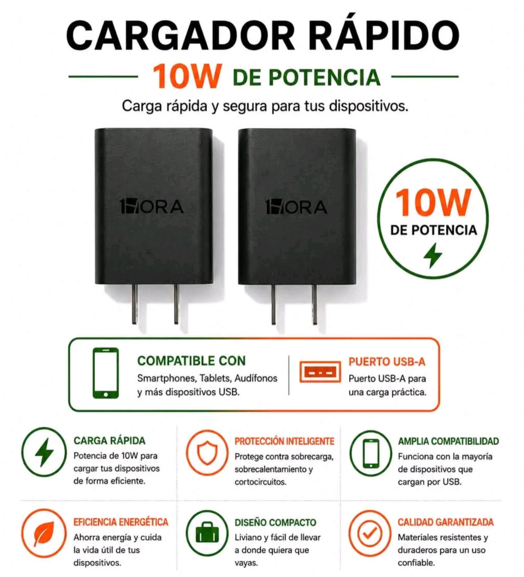Cargador Rápido 1Hora 10W – Puerto USB-A | Carga Segura y Eficiente (Color Negro)