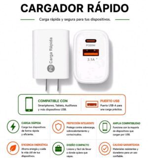 Cargador Rápido 1Hora Doble Puerto – PD 20W + USB-A (3.1A) | Carga Segura y Eficiente