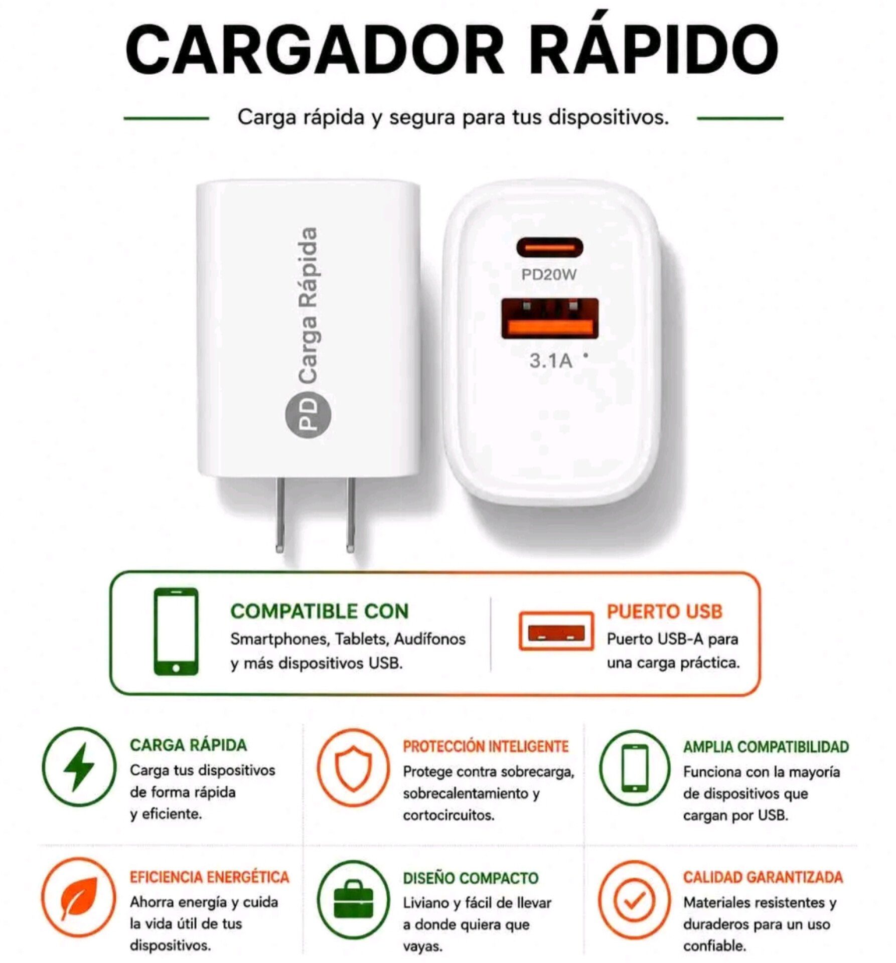 Cargador Rápido 1Hora Doble Puerto – PD 20W + USB-A (3.1A) | Carga Segura y Eficiente