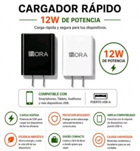 Cargador Rápido Hora 12W – Puerto USB-A (Disponible en Blanco y Negro)