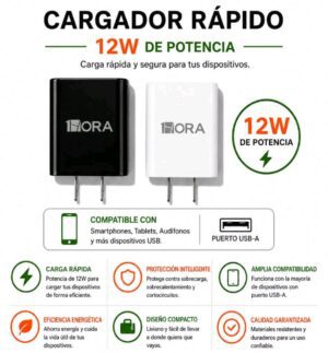 Cargador Rápido Hora 12W – Puerto USB-A (Disponible en Blanco y Negro)