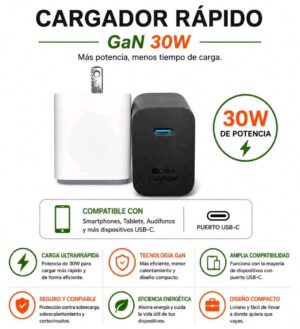 Cargador Ultrarrápido 1Hora GaN 30W – Puerto USB-C (Disponible en Blanco y Negro)