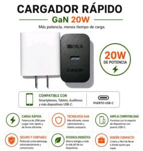 Cargador Rápido Hora GaN 20W – Puerto USB-C (Disponible en Blanco y Negro)