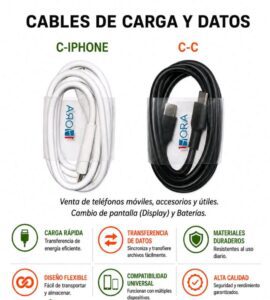 Cable de Carga y Datos 1Hora – Alta Calidad (Disponible en C-IPHONE y C-C)