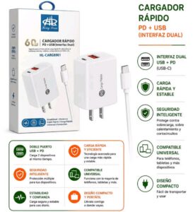 Cargador Rápido Rong Lian 60W – Interfaz Dual USB-A + USB-C (PD) con Cable Tipo-C