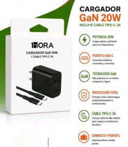 Cargador 1Hora GaN 20W – Carga Rápida USB-C con Cable Tipo-C 3A Incluido
