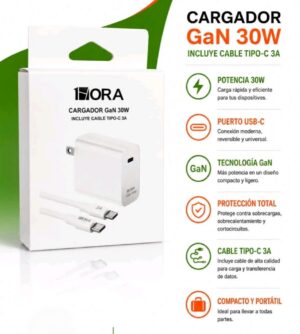 Cargador 1Hora GaN 30W – Carga Rápida USB-C con Cable Tipo-C 3A Incluido