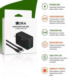 Cargador 1Hora GaN 65W – Carga Rápida 3 Puertos (2 USB-C + 1 USB-A) con Cable Tipo-C de 2 Metros