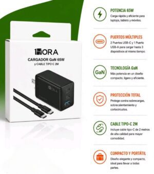 Cargador 1Hora GaN 65W – Carga Rápida 3 Puertos (2 USB-C + 1 USB-A) con Cable Tipo-C de 2 Metros