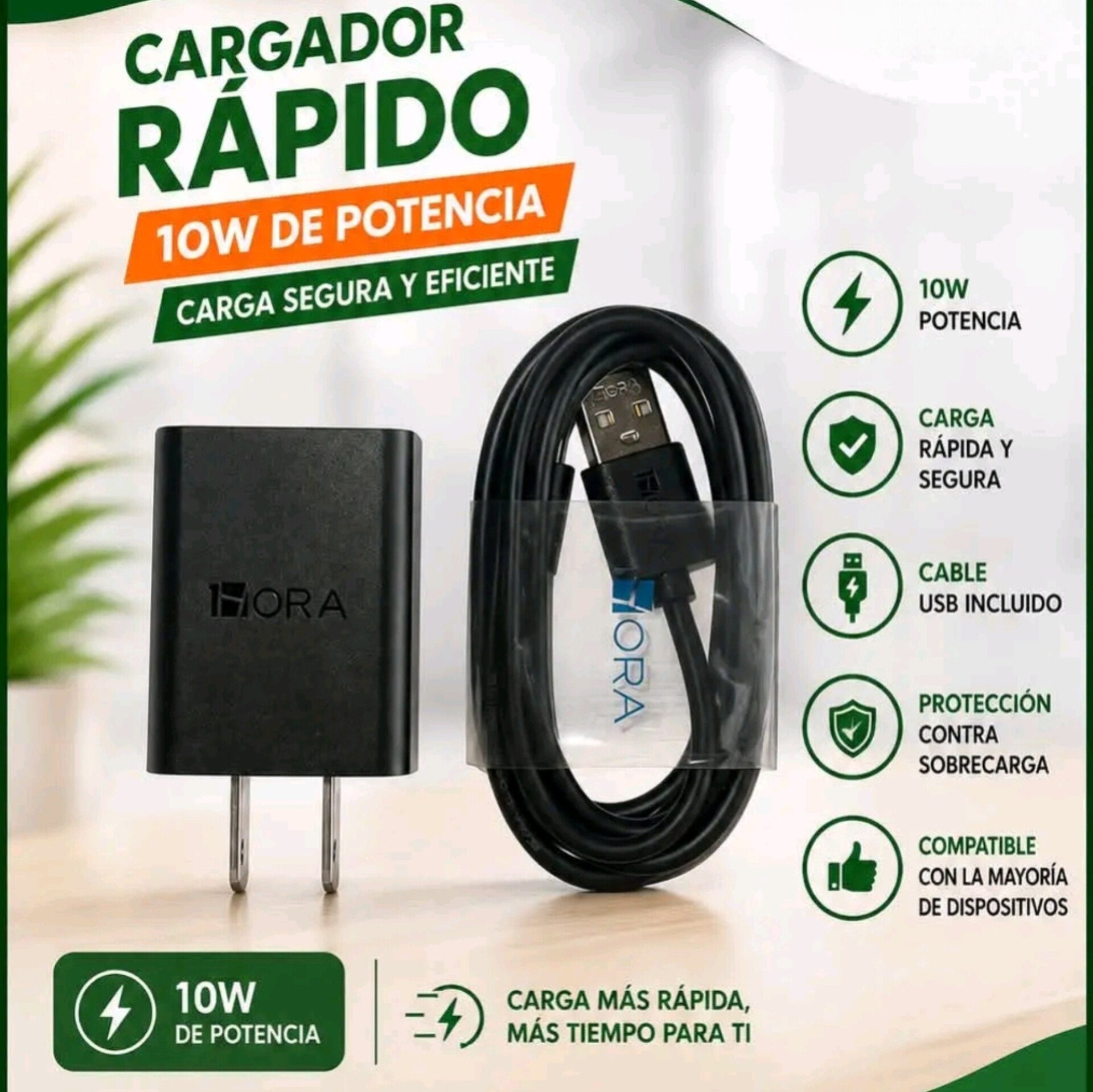 Cargador Rápido 1Hora 10W – Carga Segura y Eficiente con Cable USB Incluido