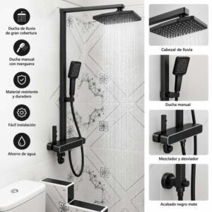 Sistema de ducha de lluvia negro mate con columna y teléfono de mano.