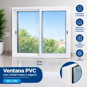 Ventana PVC con cristal maya y seguro (1m x 1m)
