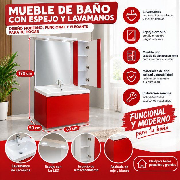 Mueble de Baño con Espejo y Lavamanos (Rojo/Blanco, 60x50x170 cm)