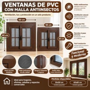 Ventana de PVC con malla antiinsectos (disponible en 50x50 cm y 60x60 cm)