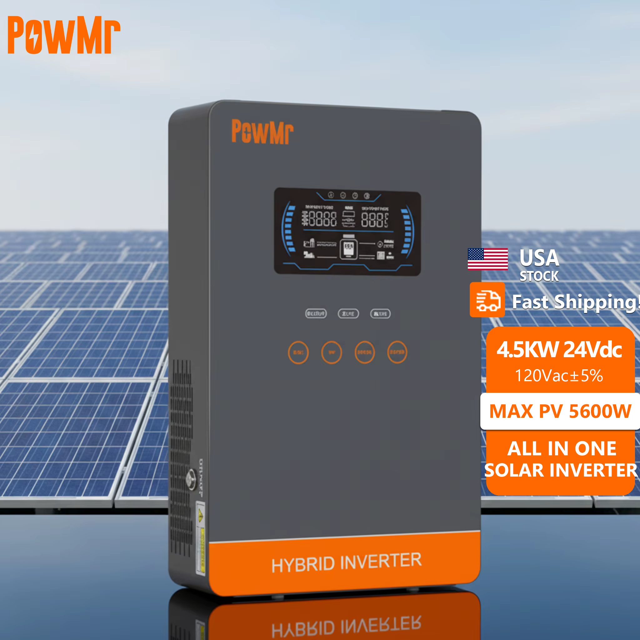 Inversor solar todo en uno PowMr de 4.5KW, 24Vdc, de onda sinusoidal pura, con salida de 110/120Vac y MPPT de 140A, de gran demanda